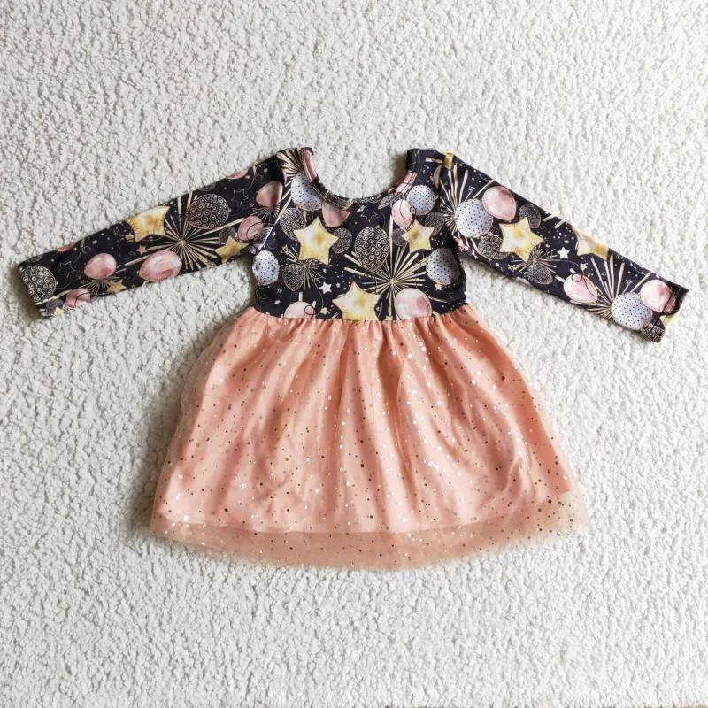 女の子のドレス卸売幸せな年の子供服の女の子花火バルーントップゴールド光沢のあるチュール長袖ドレス