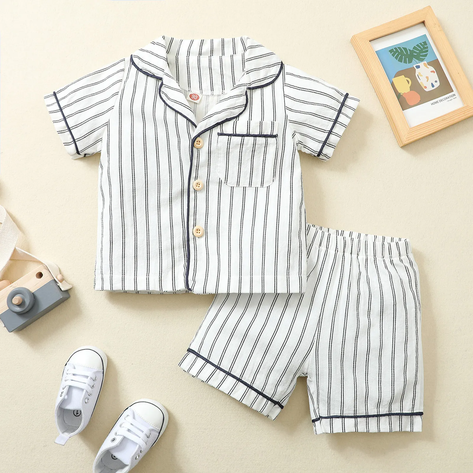 Pajamas Two Piece Striped Print Baby Kids Boys Sets Summer Cotton Linen Short Sleeve Button Shirt High Waist Shorts 2pcs Suit 230505