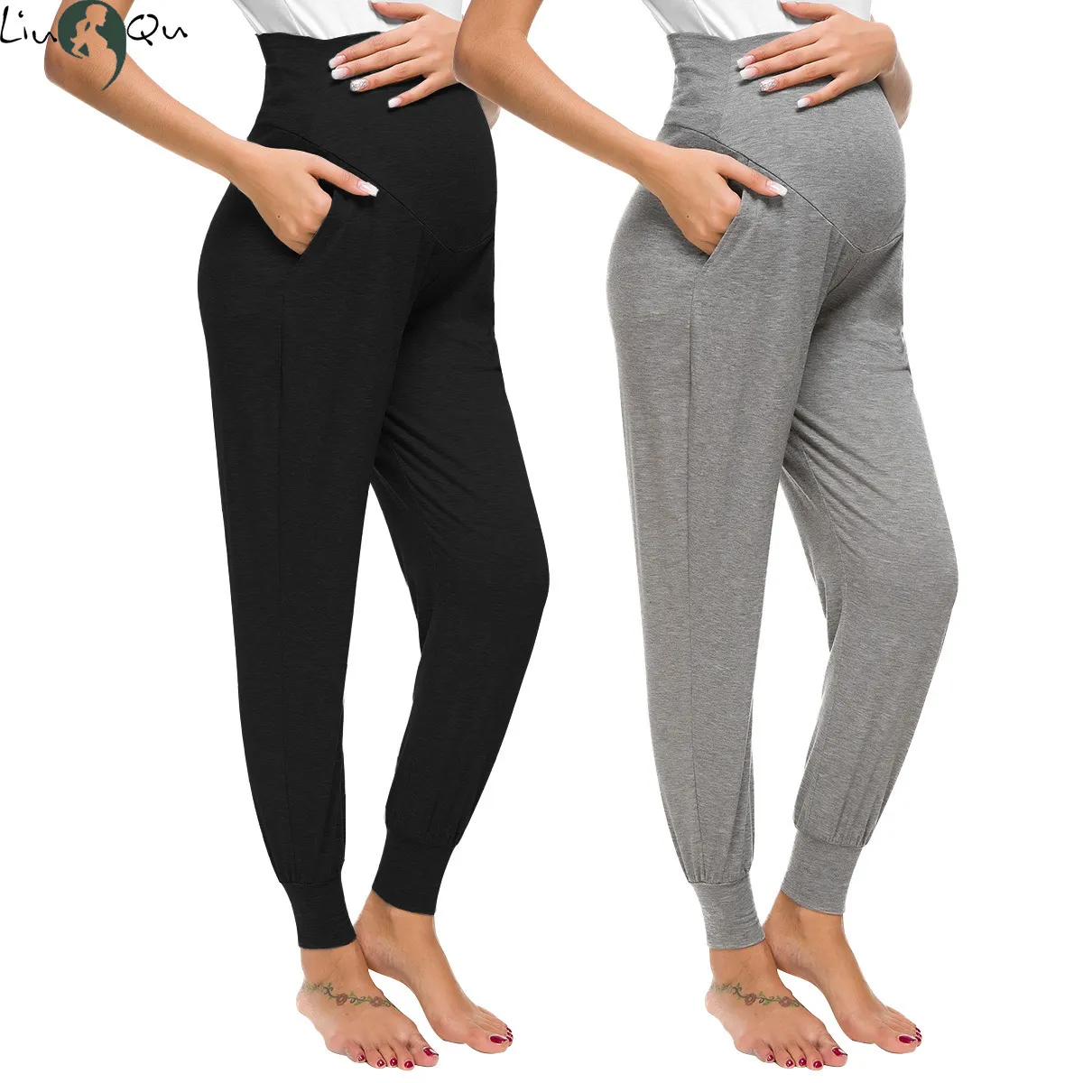 Moderskapsbottnar Liu Qu Maternity Women's Casual Pants Graviditet stretchiga bekväma lounge byxor gravida höga midjabyxor med fickan 230504