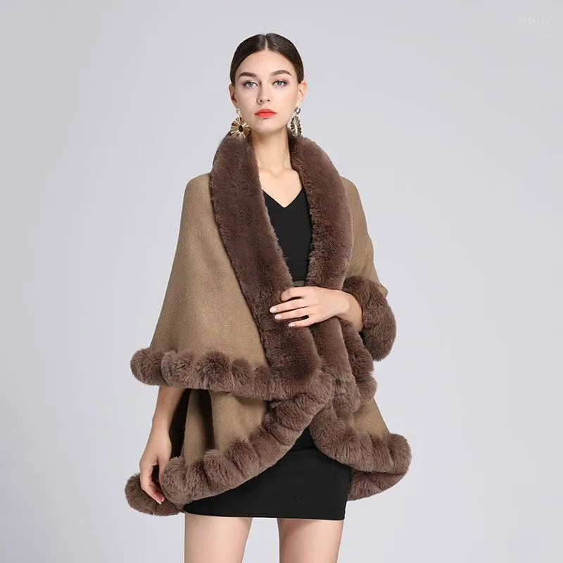 Foulards en vrac manches chauve-souris doux tricot pardessus femmes hiver fête Cape large Faux Rex col en fourrure manteau Cape mode Ponchos Chal