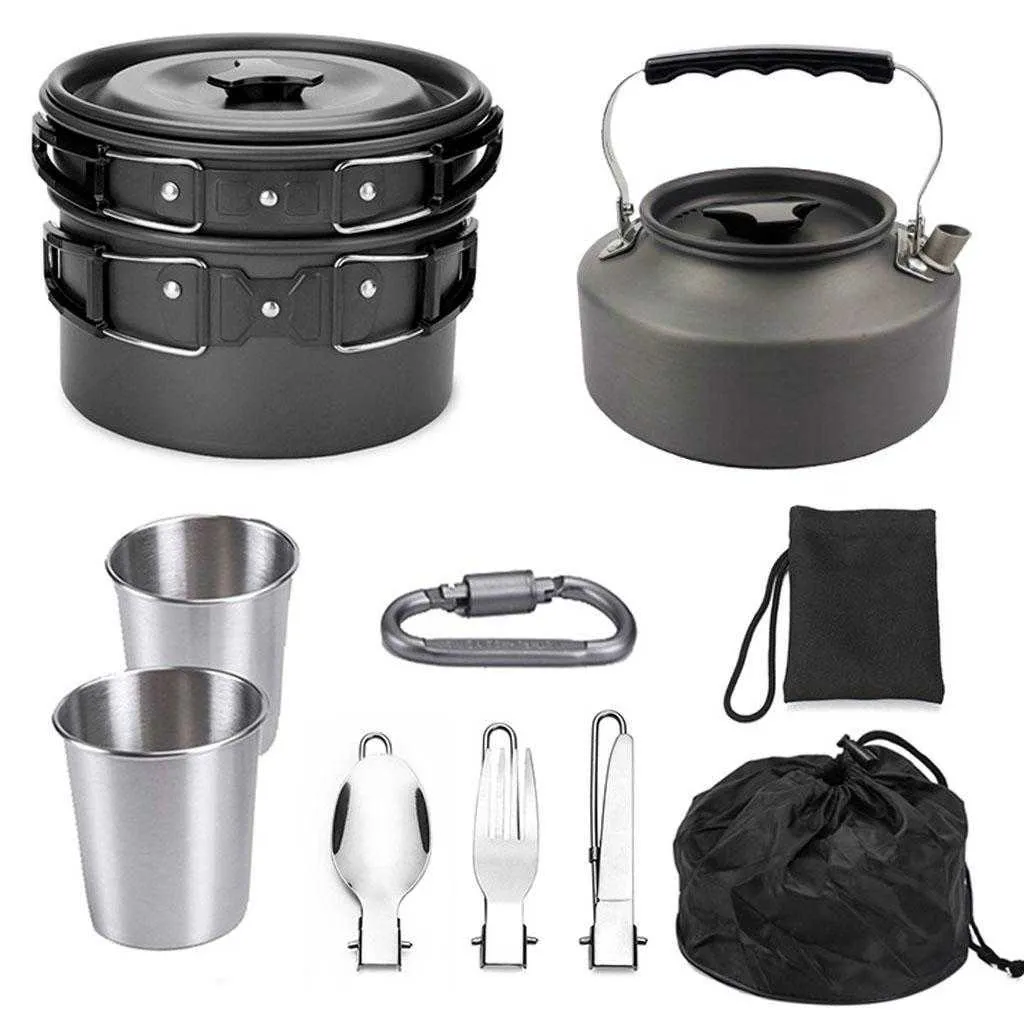 Camp Kitchen Tragbares Camping-Kochgeschirr-Set Outdoor-Kochtopf Pfanne Wasserkocher Geschirr-Kit für Wandern Picknick BBQ Cook Equipment Supplies P230506