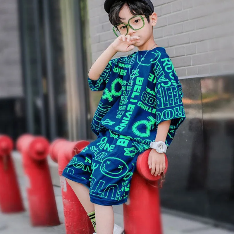 Clothing Sets Children Clothes Fashion Summer Baby teenage boy Boys hiphop korean Casual T Shirt Shorts 2Pcs Sets 6 8 10 12 years 230505