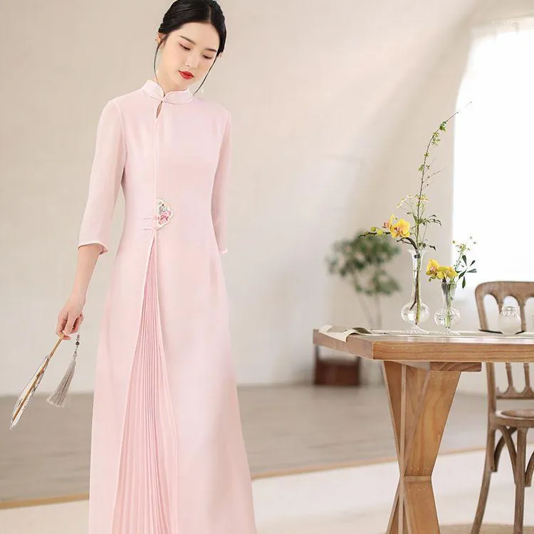 Abbigliamento etnico 2023 stile cinese retrò elegante mezza manica colletto alla coreana scava fuori design migliorato abito cheongsam Aodai lungo G907