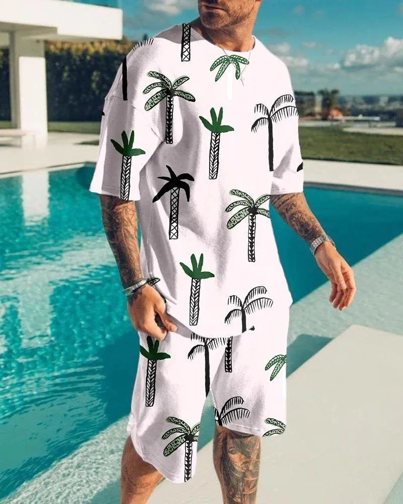 Herrspårspår Hawaiian Beach Coconut Tree Print Suit For Men Japanese Casual T-shirt Shorts 2-Piece Outfit Tracksuit Set Man Streetwear Set 230506