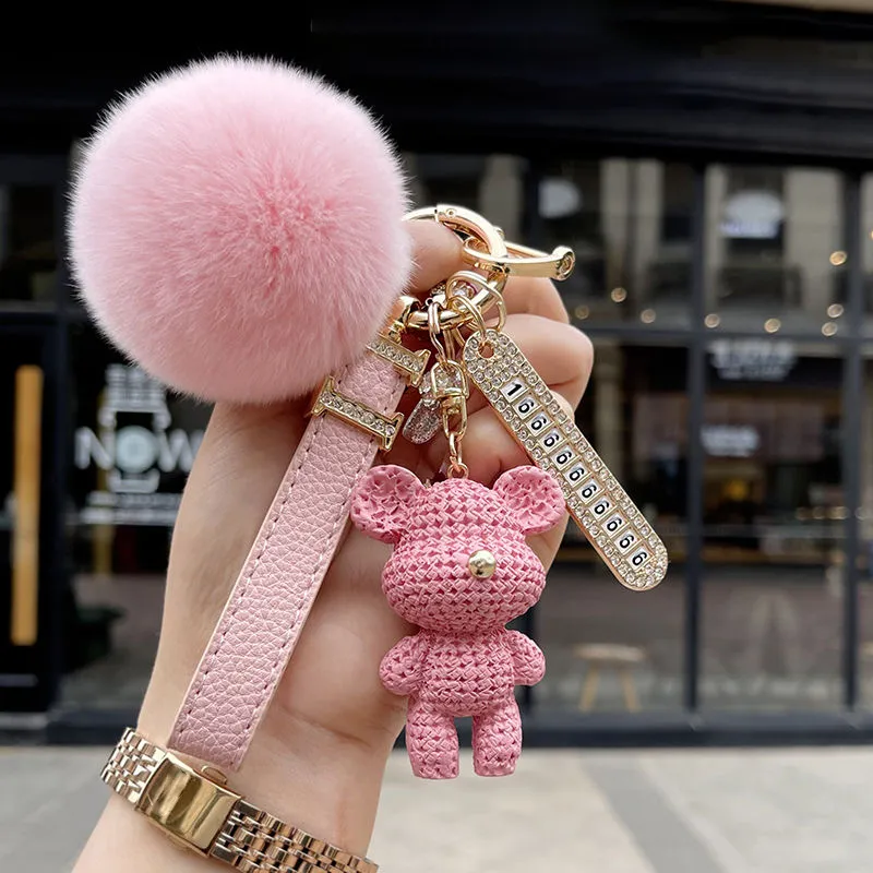 Keychain designer key chain luxury bag charm female cute bear car key ring  fashion fur ball pendant male trendy accessories number plate creative