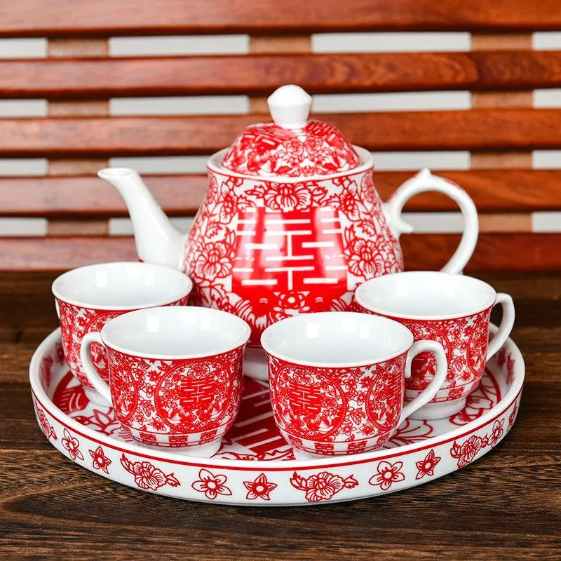 TEAWARE Kinesisk bröllopstekanna Teacup Red Tea Pot Cup Bowl Set Ceramic Teaware Creative Joy Bride Gift Dowry Marriage Celebration