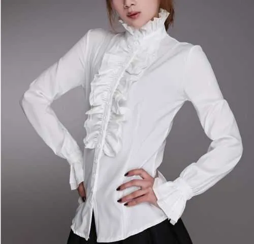 Blouses Femme Chemises Chemisier victorien à volants chemise femme blanche pour le travail et le bureau col haut dentelle plissée P230506