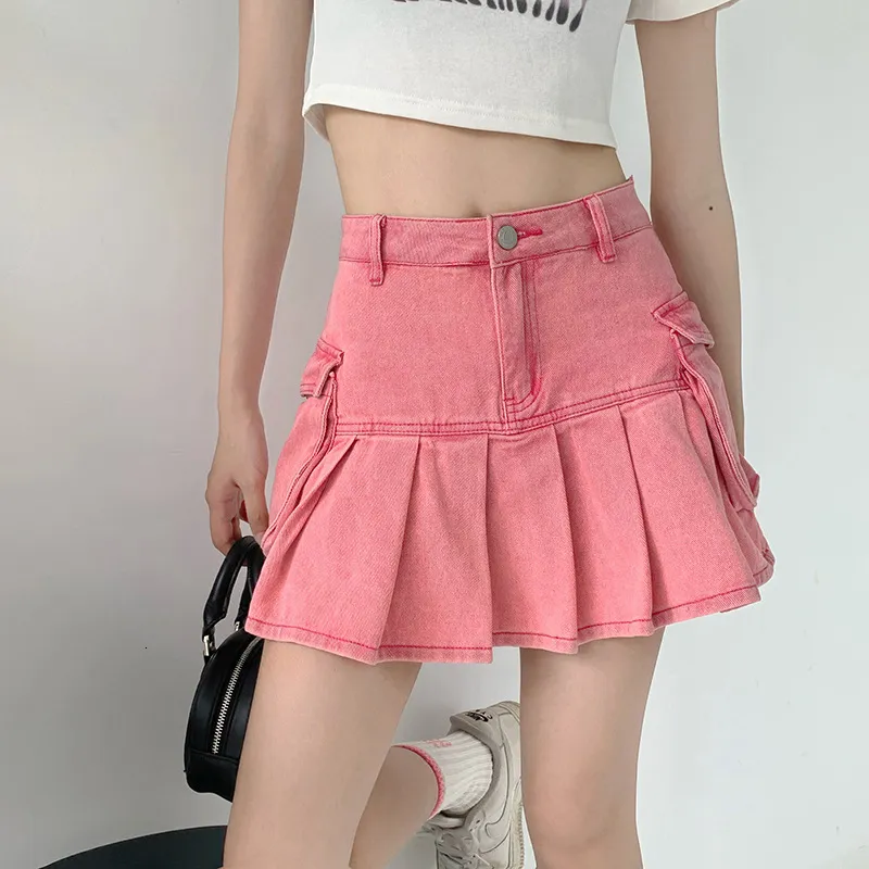 Skirts Sweet Spicy Pink Denim Mini Pleated Skirt Women High Waist