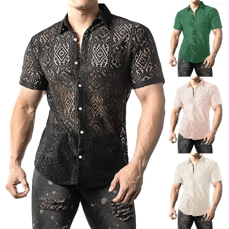 Men's Casual Shirts Mens Simple Fashion Sexy Flower Lace Button Short Sleeve Shirt Top European American Style Art 3d Digital Print