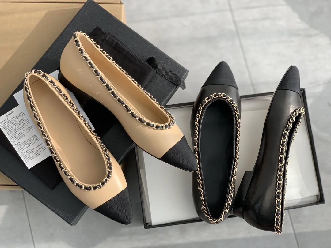 Kvinnor skor Paris Chain Classic Flats Ballet Pumpar Fashion Runway Original Box Bekväma plattskor Europeiska storlek 35-40