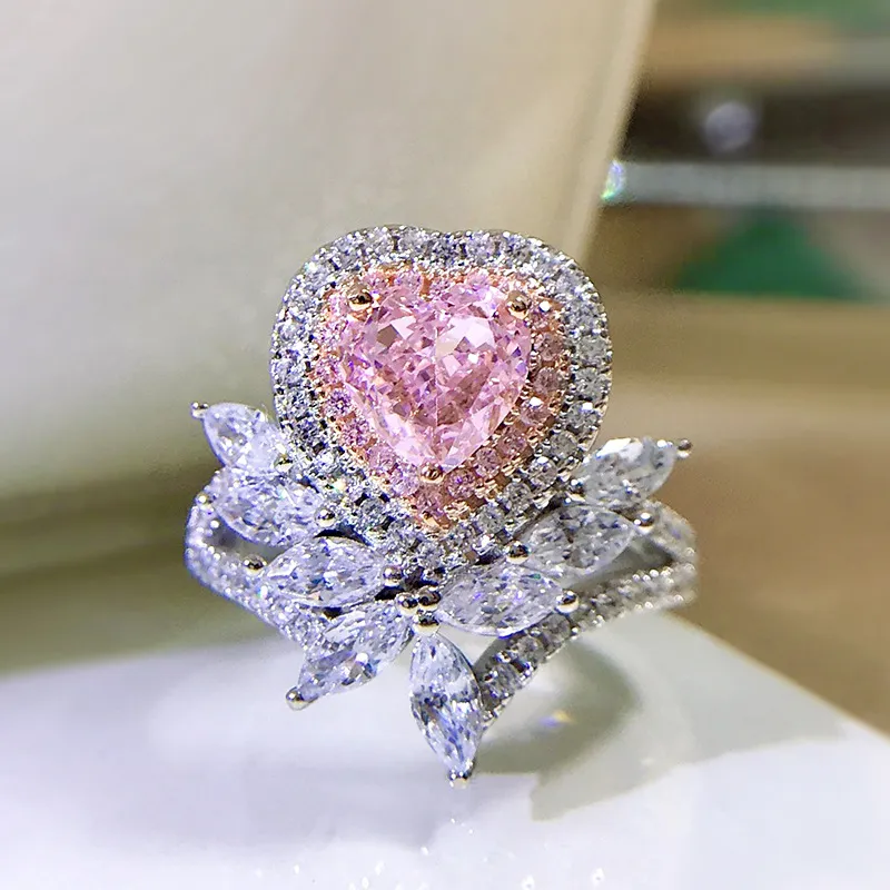 Anello con diamante rosa a forma di cuore Anelli per fedi nuziali in argento sterling reale al 100% per le donne, regalo di gioielli di fidanzamento con promessa di nozze