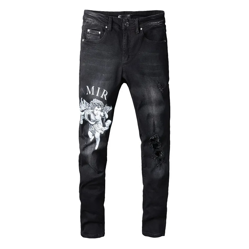 Men's Jeans Mens Black Streetwear Fashion Slim Fit Hollow Out Damaged Holes Pants Printing Letters Angel Pattern Printed Skinny Stretch Jeans