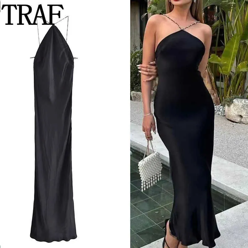 Повседневные платья Traf черные длинные платья для женщин с плеча макси -платья сексуальные вечерние платья без спины.