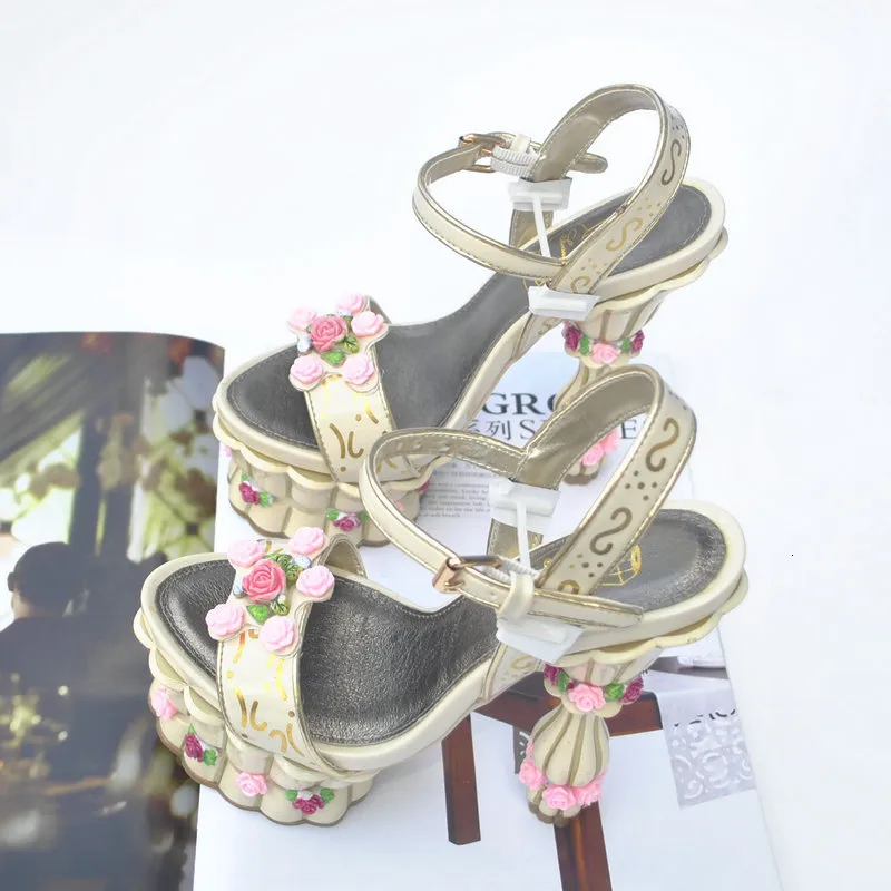 Сандалии, расписанные вручную, свадебные туфли специальной формы на каблуке, на высоком каблуке, на платформе с цветочным горшком, фирменный дизайн 230505