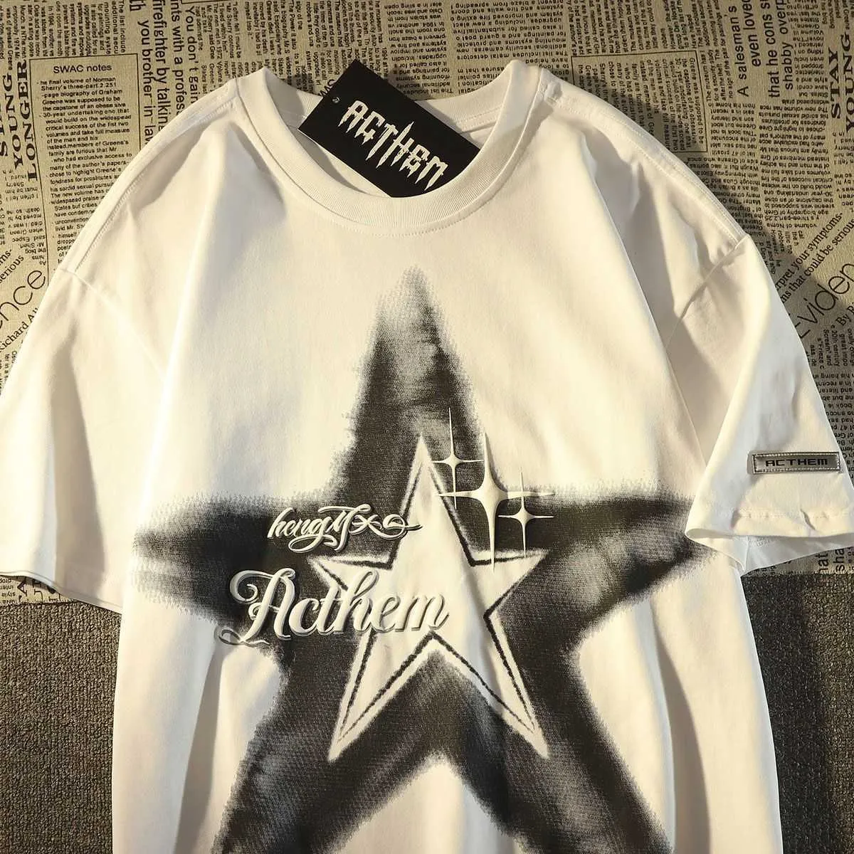 Damen T-Shirt American Street Hiphop Star Print Kurzarm T-Shirt für Männer und Frauen Y2K Kleidung Oversize Sommer entspannt lässig Paar Top Z0506