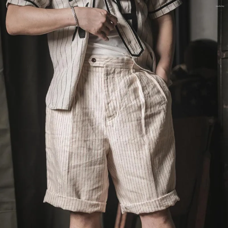 Linen Striped Below Knee Baggy Fit Mens Casual Pleated Mens Khaki Shorts Non Stock From Vewturley 53.08 DHgate.Com