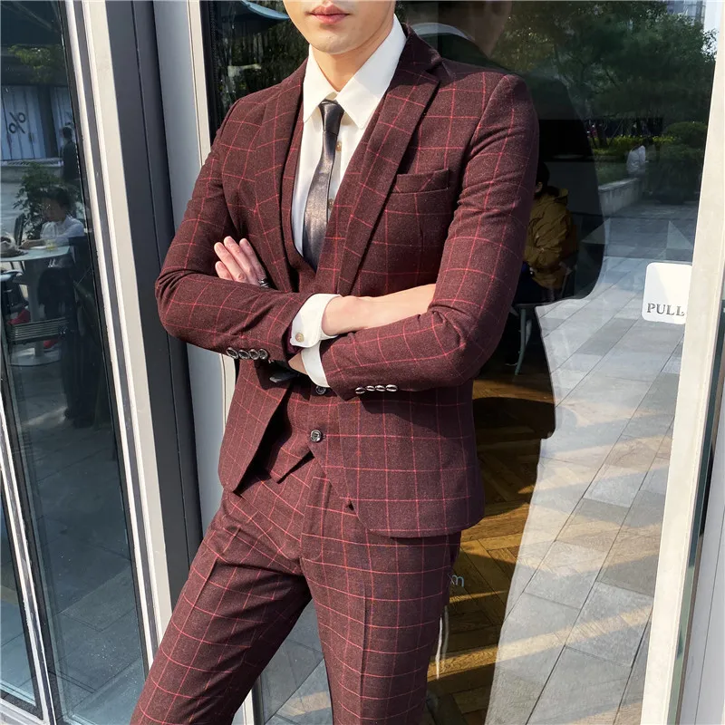 High End Boutique Fashion Plaid Mens Blue Check Suit For Formal
