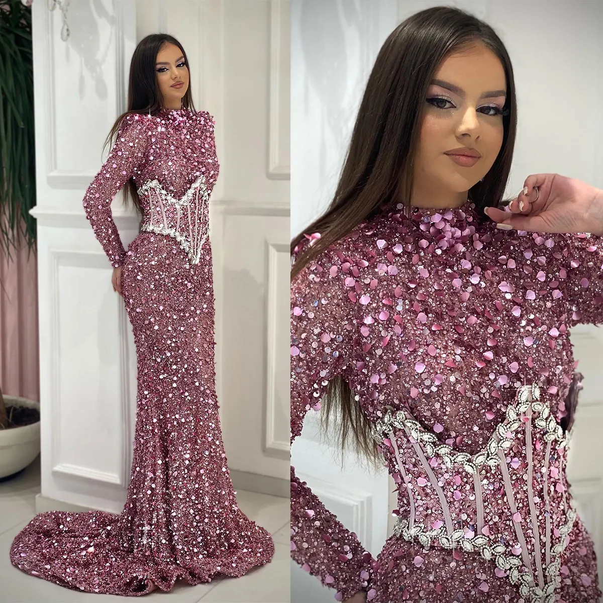 Superbe sirène robes de bal bijou manches longues paillettes brillantes perles fermeture éclair fermeture éclair robe de cour sur mesure grande taille robe de soirée robe De Noite