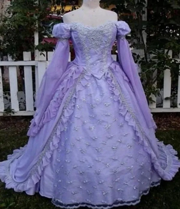 Retro Gothich Lilac Lavender Wedding Dresses Plus Size Long Sleeve Lace-up Corset Renaissance Costume Holloween bridal gowns