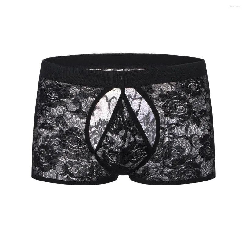 Caleçon hommes Lingerie Gay culotte dentelle évider sans entrejambe dos ouvert Boxer Shorts Sissy pénis sous-vêtements avec poche bombée