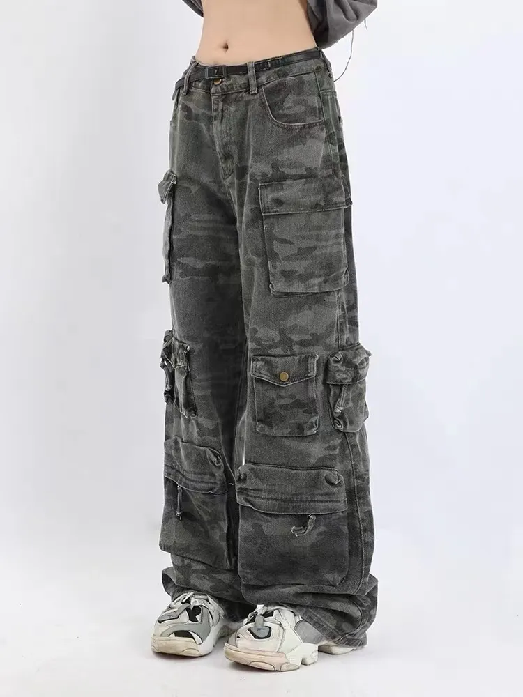 Calças femininas 2023 estilo americano retro rua camuflagem geral hip hop frito perna larga calças casuais alta ins y2k 230506