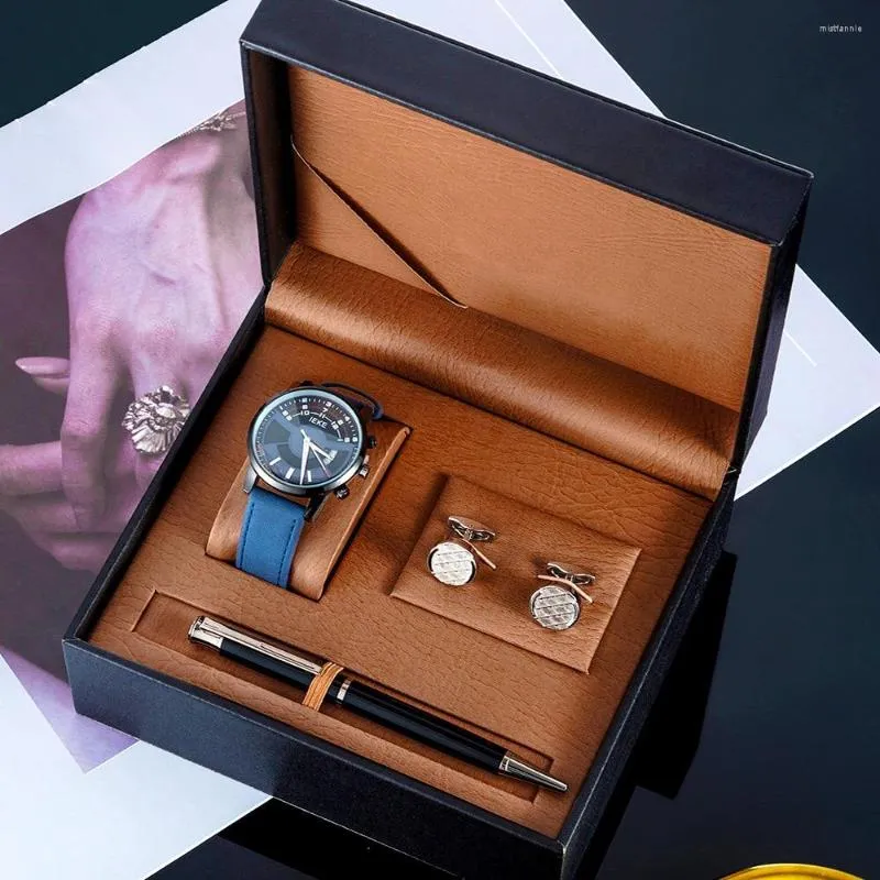 Wristwatches Fashion Mens Watch Set With Cufflinks Signature Pen Top Brand Sport Quartz Watches PU Leather Calendar Wirstwatch Sets Gifts