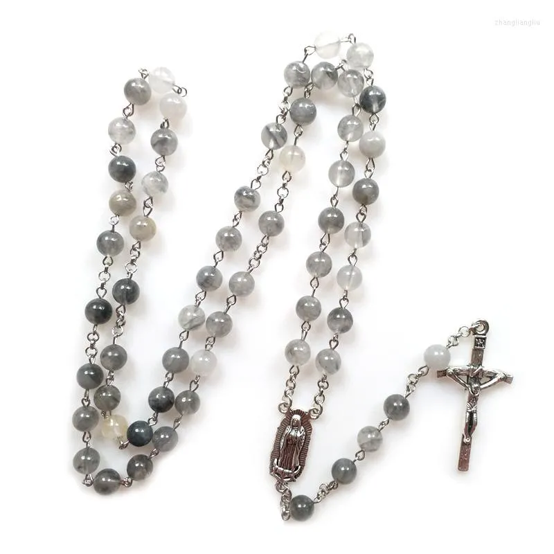 Colares pendentes QIGO vintage Black Stone Cross Rosário Colar Jóias Religiosas Católicas para Homens Mulheres