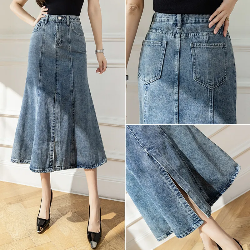 Mid length denim skirts elastic waist hotsell