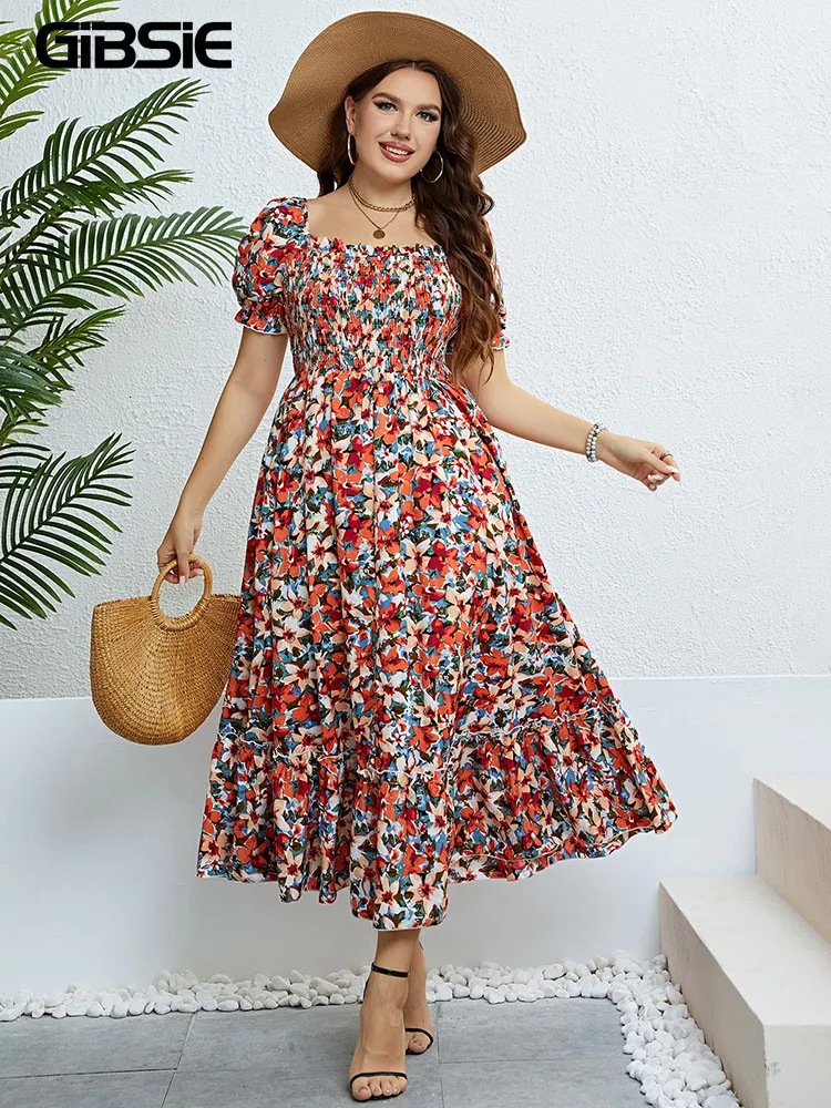 Robes grande taille GIBSIE Floral Print Square Neck Puff Sleeve Dress Women Plus Size Vacation Boho Beach Ruffle Hem A-line Summer Long Dresses 230506