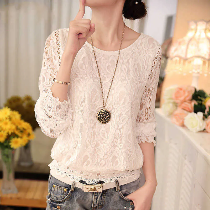 Women's Blouses Shirts Summer Casual White Lace Clothing Fashion Long Sleeve New Tops Shirts for Women Elegant Black O-neck Blouse Ladies Blouses 51C P230506