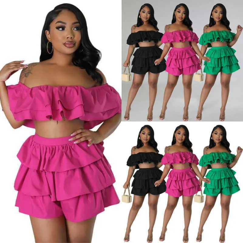 Survêtement de créateur pour femmes Vêtements jupe-pantalon Slash Neck Top Suit 2023 Summer Ruffle Edge Loose Pull Chain Wrapped Chest Shorts Set Two Piece Set