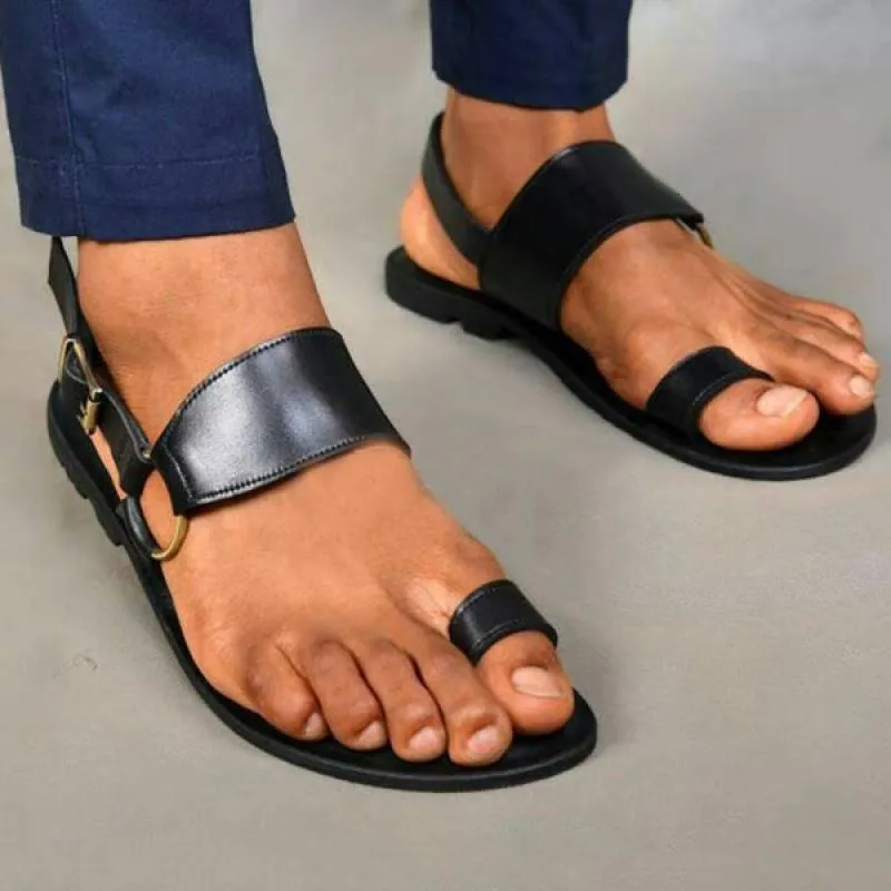 Vintage Toe Ring PU Leather Black Flat Sandals For Men Comfortable