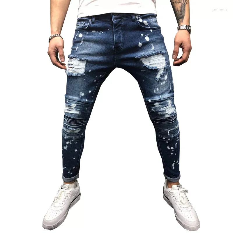 Men's Jeans Stretch Destroyed Ripped Paint Point Design Fashion Ankle Zipper Skinny For Men