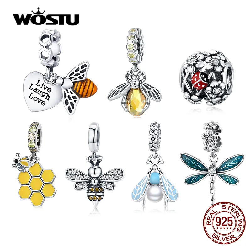 Charms Wostu 925 Sterling Silver Delicate Colicing Bee Dragonfly Pendants Animal Charm Pärled Fit Original Armband Bangle DIY SMYELLT 230506