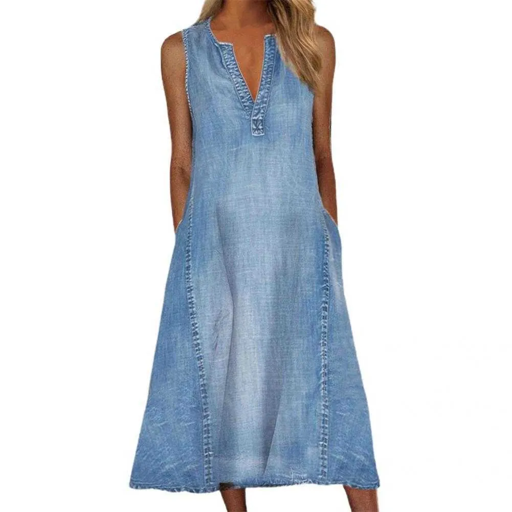 Beiläufige Kleider lösen Taillen-festes Jean-langes Kleid für Frauen-Sommer-Art- und Weisetaschen-A-Linie Denim-Dame-Büro-Kleid-reizvolles festes ärmelloses Kleid Z0506