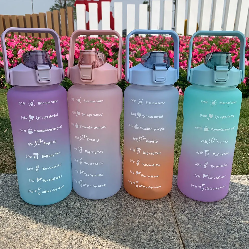 1pc 2000ml Gradient Outdoor Sports Water Bottle With Handle Design And Built-in  Straw