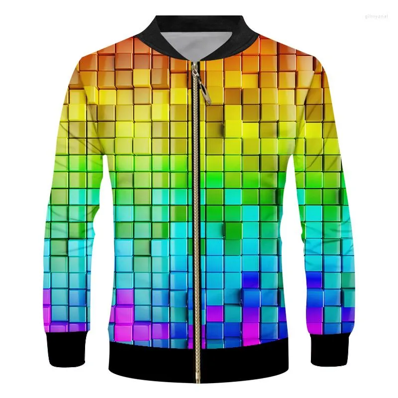 Men's Jackets IFPD EU/US Size Men's Casual Long Sleeve Zipper Printed Colored Square 3D Coats Man Fit America Plus Overcoat