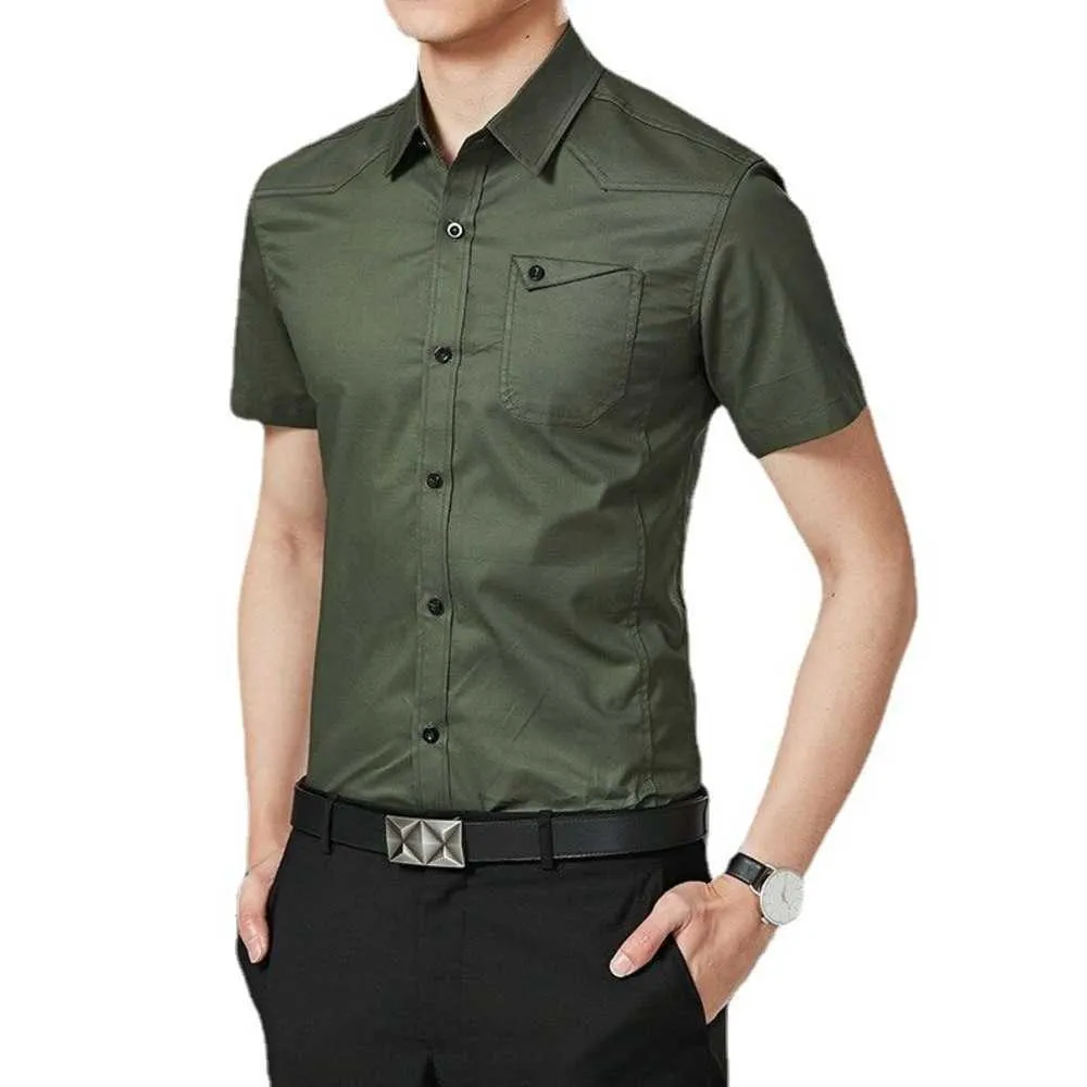 Camisas casuais masculinas Camisa de manga curta, camisa masculina de puro algodão, novo uniforme militar de verão, cor sólida, camisa em polegadas ou cd