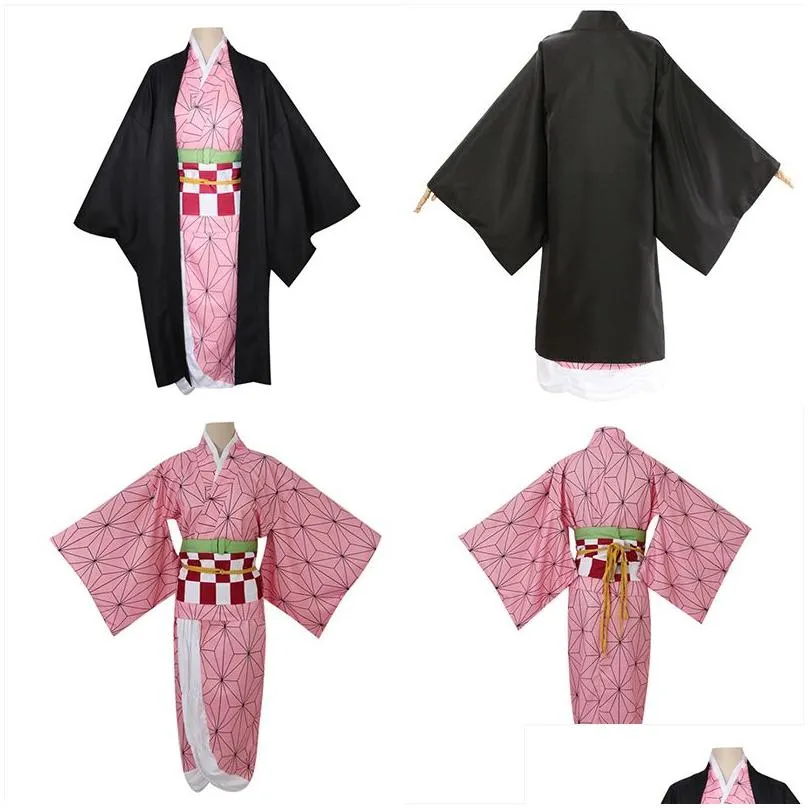 cartoon clothing anime kamado nezuko cosplay costume demon slayer cosplay uniform clothes kimono wig props set halloween costume for kids adult