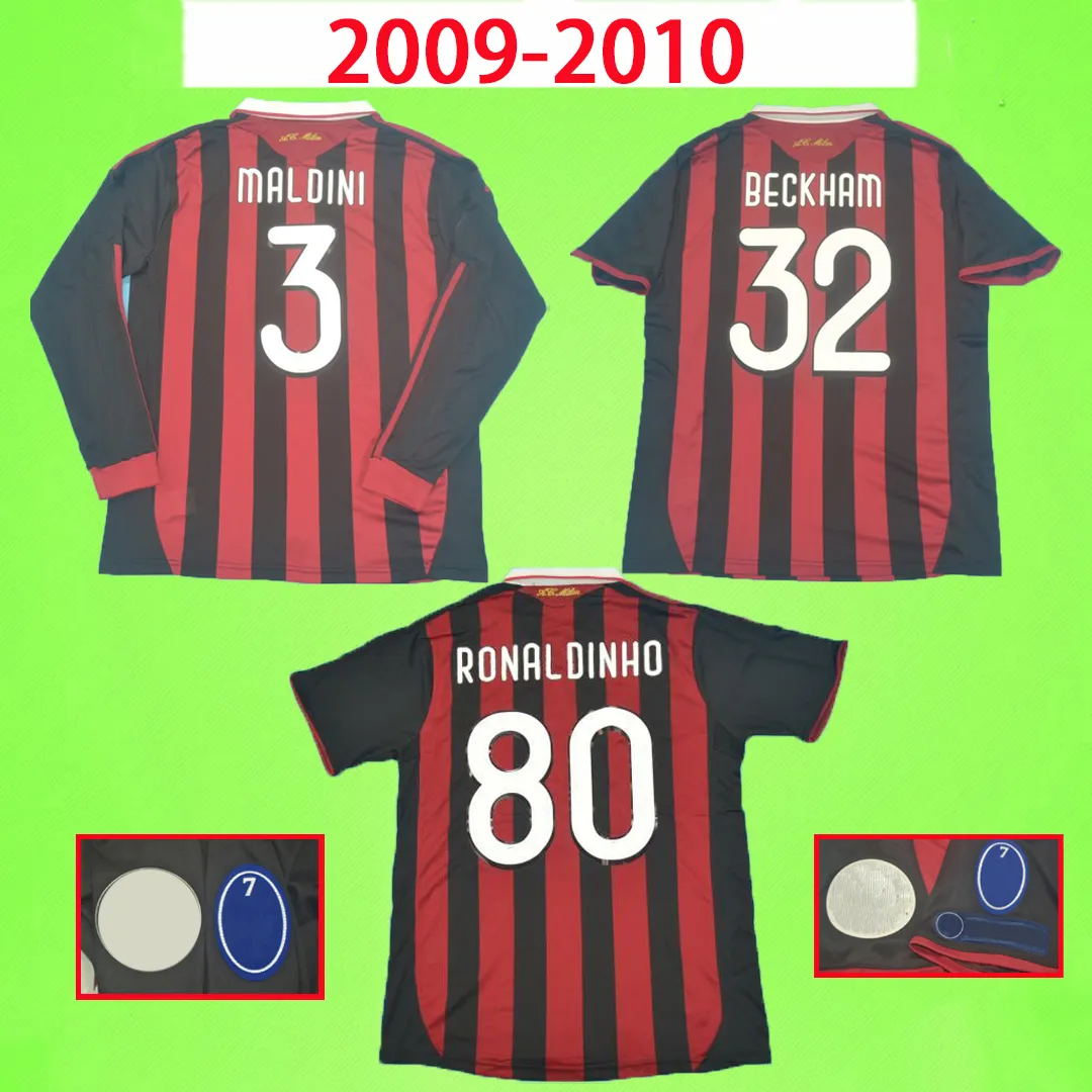 2009 2010 Maillot de football rétro Maillot de football vintage 09 10 Classique Ac Maglia Da Calcio Manches longues MALDINI SEEDORF BECKHAM RONALDINHO S Uniforme d'entraînement