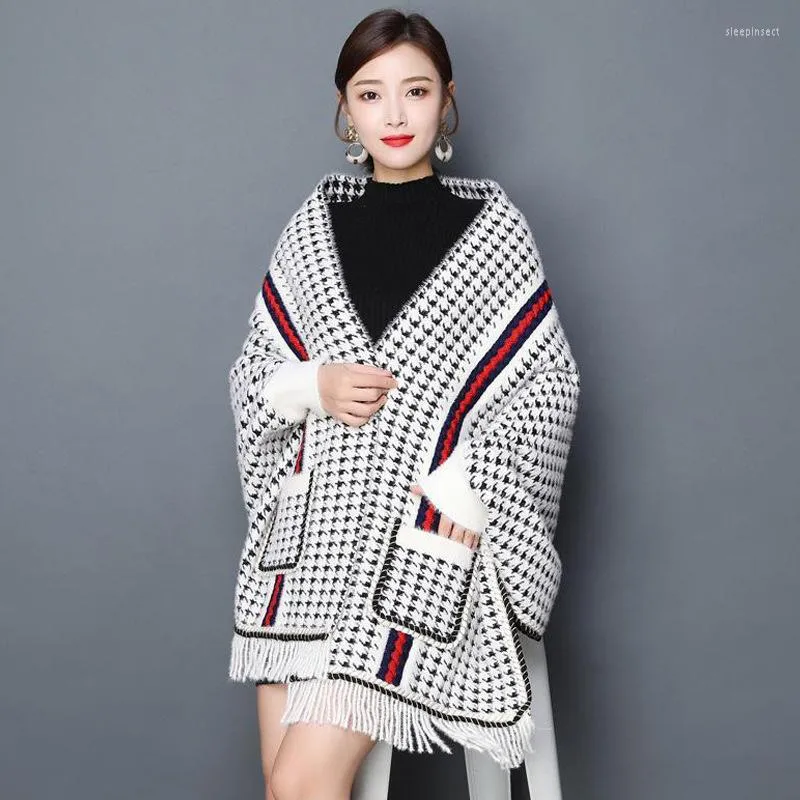 Women's Knits Black Red White Mink Cashmere Sweater Women Warm Plaid Cape Coat Tassel Cardigan Kimono Long Big Pockets