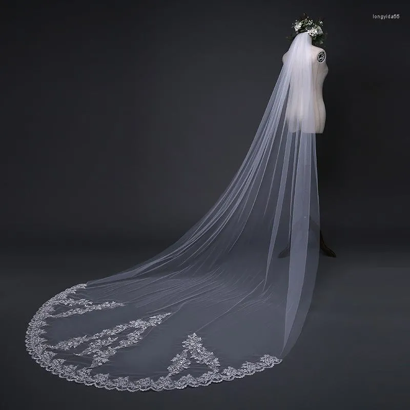 Veli da sposa NZUK Bianco Avorio Lungo Bordo intero Paillettes Velo da sposa in pizzo Uno strato Tulle Accessori Veu De Noiva