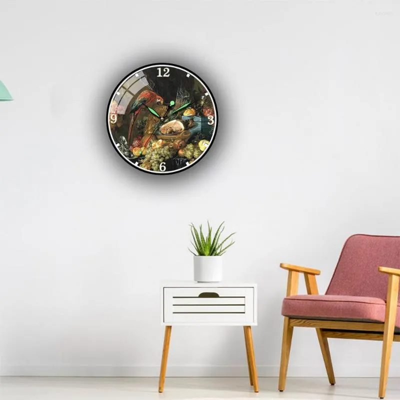 Wall Clocks Life With Fruit Oysters And Parrot Oil Painting Acrylic Clock Morden Horloge Murale For Living Room Decoration