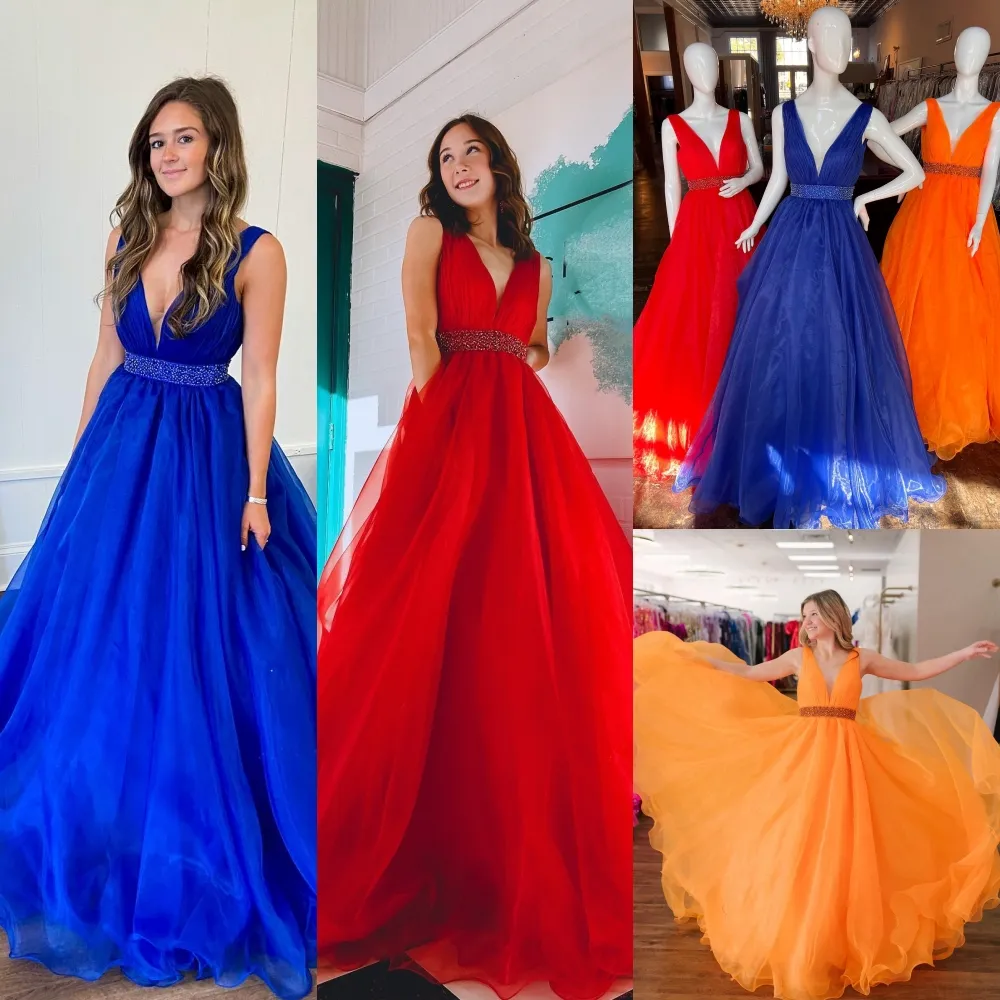 Погружение в выпускное выпускное платье с V-образным вырезом 2K23 Orange Organza Crystal Thailed Lady Pageant Формальное вечернее событие вечеринка по взлетно-посадочной полосе Gala-Tie Gala Gown Junior старший Royal Red