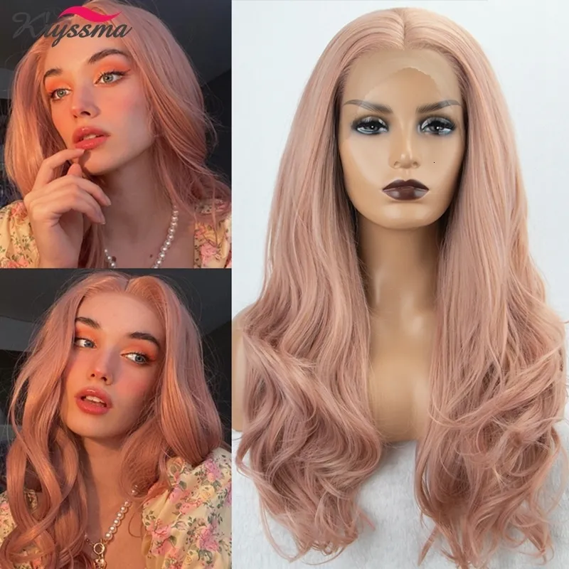 Synthetic Wigs Kryssma Pink Blonde Lace Front Long Wave For Women Cosplay Glueless 4x4 Closure Perruque Femme 230505