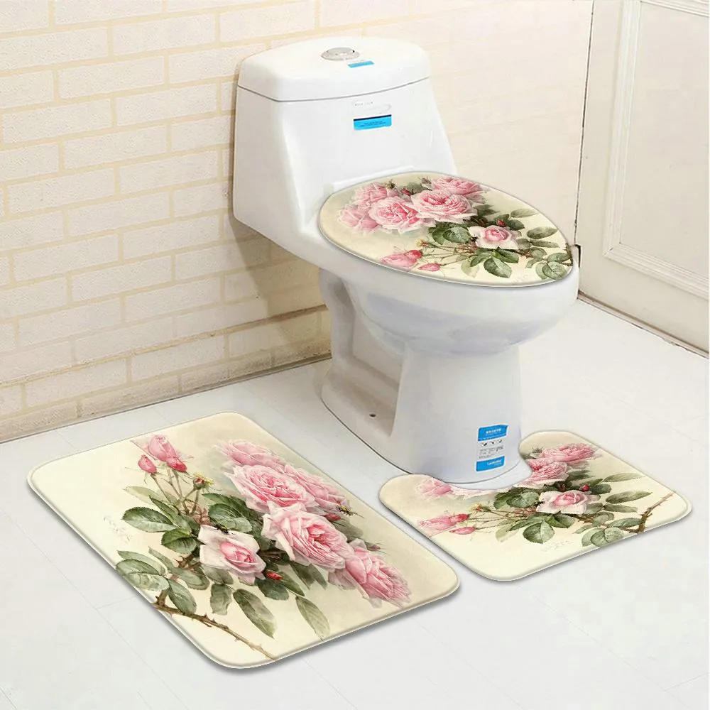 Tapetes 3 pçs/set Flor Pássaro Padrão Conjunto Tapete de Banheiro Pavão Koi Floral Planta Cenário de Água Decoração de Banho Banheira Higiênico Tapete Antiderrapante