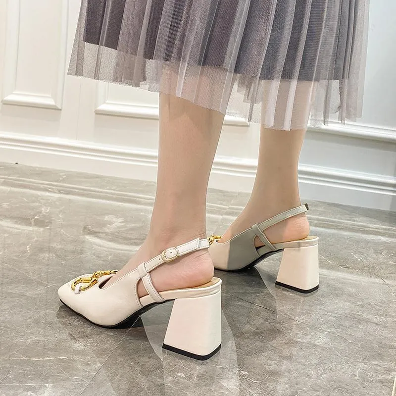 샌들 2023 프랑스 말 버클 단일 신발 여성 복고풍 청키 발 뒤꿈치 작은 사각형 발가락