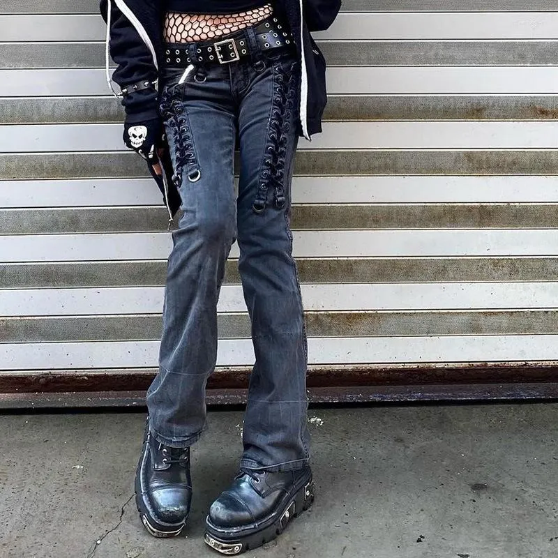 Jeans femme taille basse Y2k esthétique Streetwear décontracté Cargo pantalon femmes Vintage pantalon côté croix sangle pansement Denim