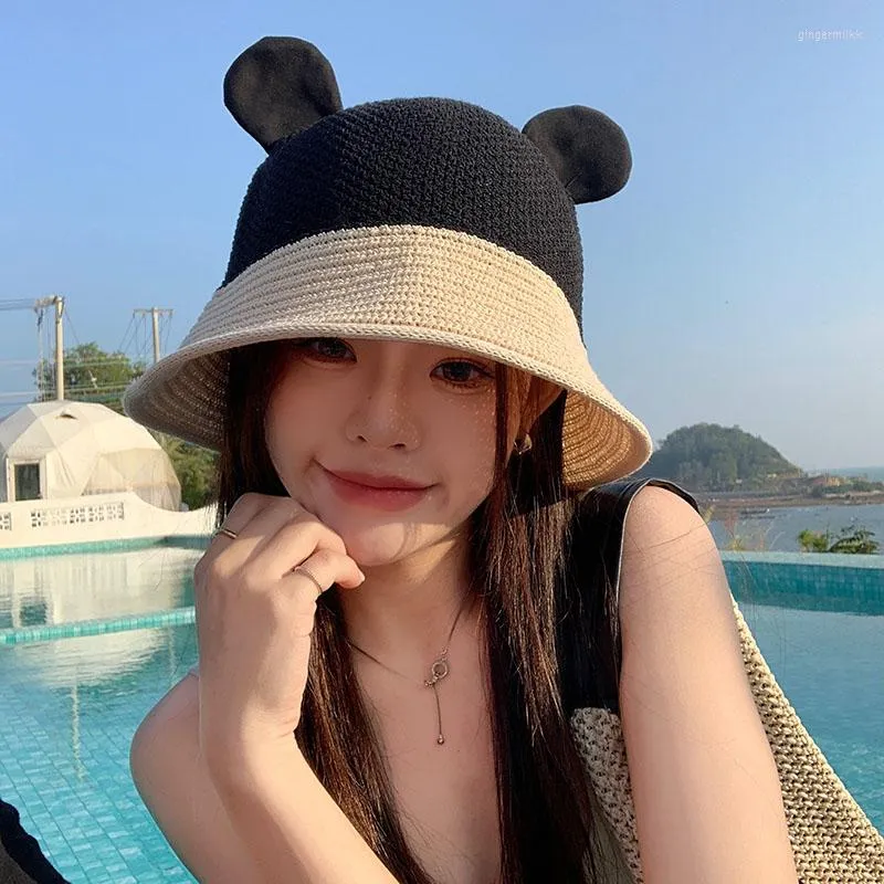 Wide Brim Hats Women Spring Summer Straw Sun Hat Cute Bear Ears Korean Fashion Showing Face Small Sunshade Bucket