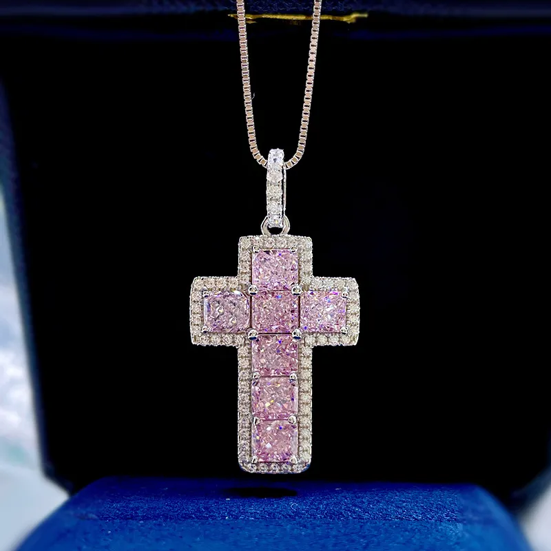 Vintage Pink Moissanite Diamond Cross Pendant Real 925 Sterling Silver Party Wedding Pendants Necklace For Women men Jewelry